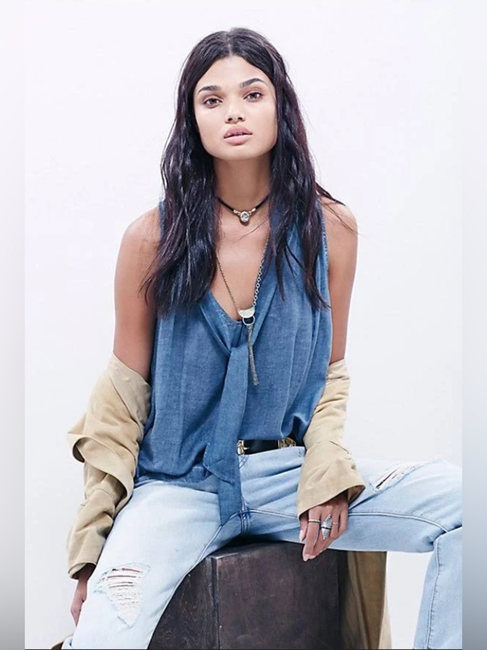 Free People Sleeveless Chambray Tuck In Top Cloudy Blue Boho Size S (Oversized)